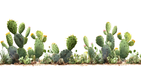 Various cacti arranged isolated on transparent background