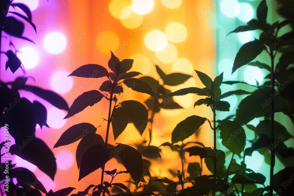 Poster silhouetted plants with colorful bokeh lights . a vibrant background featuring an array of plants an