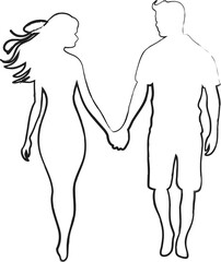 Couple holding hands while walking together. Contour drawing in black color. This silhouette style illustration conveys themes of love, companionship, romance and emotional connection, making it perfe
