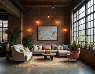 Industrial Chic Living Room with Exposed Brick Wall and Wooden Ceiling