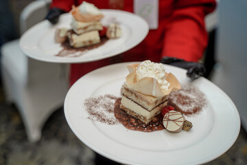 An elegant and artistic dessert served on a plate by the waiter. A multi-layered Tiramisu cake is served with additional cream or ice cream on top.