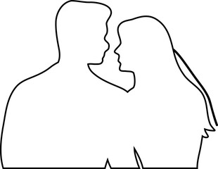 A guy and a girl look at each other. Outline drawing outline. This silhouette style illustration conveys themes of love, companionship, romance and emotional connection, making it perfect for wedding 