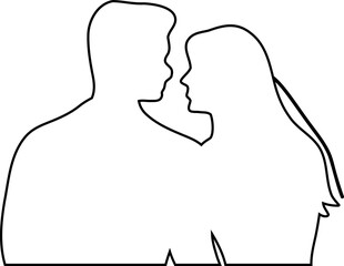 A guy and a girl look at each other. Outline drawing outline. This silhouette style illustration conveys themes of love, companionship, romance and emotional connection, making it perfect for wedding 