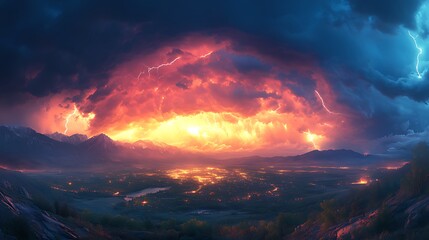 Fototapeta premium Fiery Storm Over Mountain Valley at Night