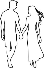 Couple holding hands while walking together. Contour drawing in black color. This silhouette style illustration conveys themes of love, companionship, romance and emotional connection, making it perfe