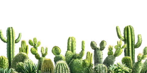 Various cacti arranged isolated on transparent background