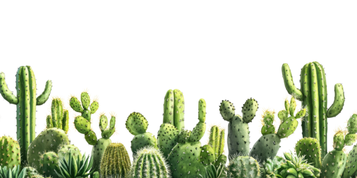 Various cacti arranged isolated on transparent background