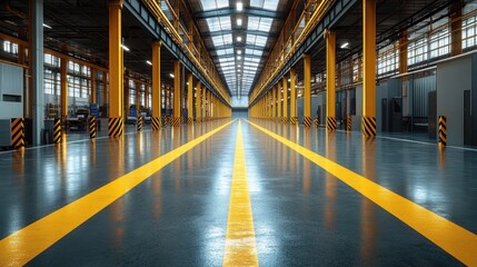 Obraz premium Factory floor, spacious, yellow lines, industrial, maintenance, vehicles, background, production