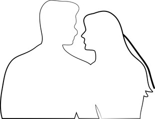 A guy and a girl look at each other. Outline drawing outline. This silhouette style illustration conveys themes of love, companionship, romance and emotional connection, making it perfect for wedding 