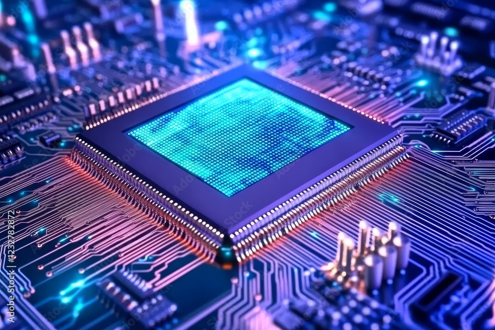 Poster close-up of computer microchip on circuit board with neon glow