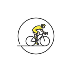 Fototapeta premium A minimalist icon features a cyclist in a yellow outfit riding a bicycle within a circular outline, symbolizing motion, activity and sport.