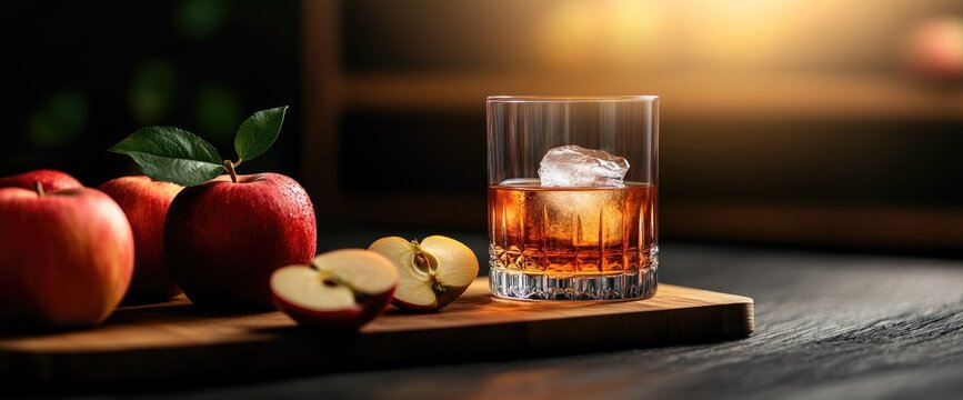 Applejack cocktail, autumn fruit, dark background