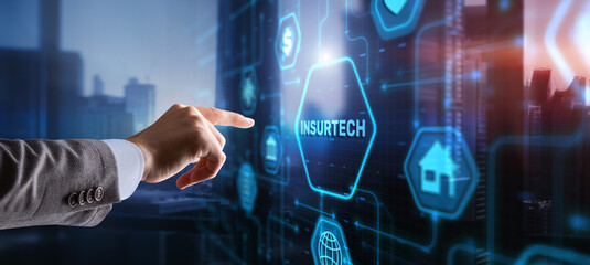 Businessman clicks icon Insurance, health family car money travel Insurtech concept