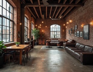 Naklejka premium Cozy Living Room with Brick Wall and Leather Sofa