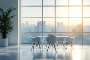 A modern, well-lit interior that includes an empty room with a table and chairs, created as a mock-up perfect for highlighting interior furniture templates.