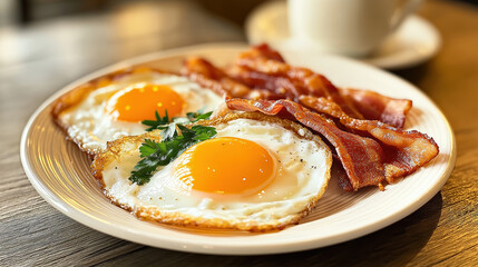 A Hearty Breakfast Spread Featuring Fried Eggs And Crispy Bacon On A Dinner Plate, Restaurant Food Menu Image