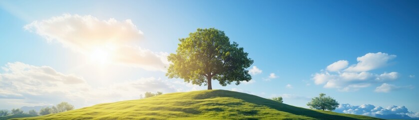 Majestic Large Tree Standing Alone in a Lush Green Field Under Blue Sky