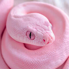 A beautifully detailed close-up of a pink albino snake with smooth scales and hypnotic eyes, coiled elegantly against a soft background