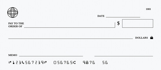 White Blank Bank check. Money cheque. Checkbook template with pattern and empty fields.