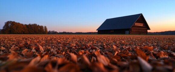 Autumn barn sunset, field of leaves. Rural landscape, fall postcard