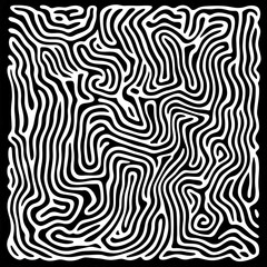 A complex black and white abstract pattern resembling a maze or organic lines, creating a modern and hypnotic optical illusion effect