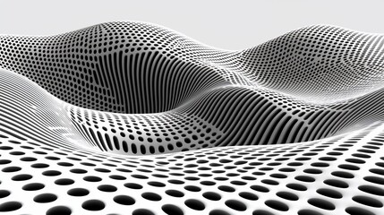 Abstract monochrome landscape with wavy patterns and dotted textures creating depth