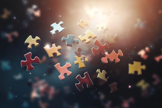 Colorful Puzzle Pieces Floating in a Dreamy Abstract Background