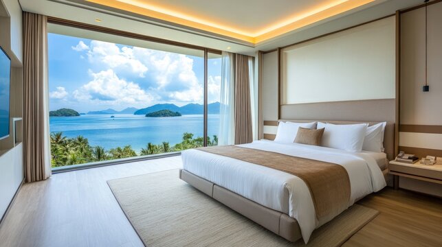 Modern Hotel Room with Scenic Ocean View and Bright Natural Light