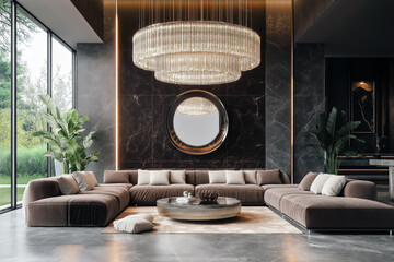 Luxurious living room with a grand crystal chandelier as the centerpiece, elegant decor with marble flooring and plush sofas.