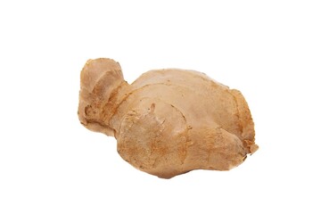 Fresh ginger root with sliced pieces on a white background