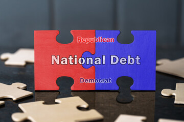 National Debt, Interlocking Puzzle Pieces, Republican Democrat Political Divide, Economic Crisis