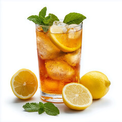 Refreshing iced tea with lemon slices and mint leaves