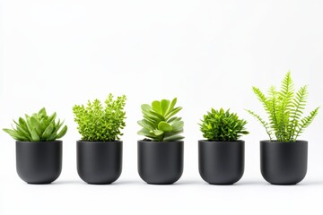 Obraz premium five small potted plants in black pots on a white background