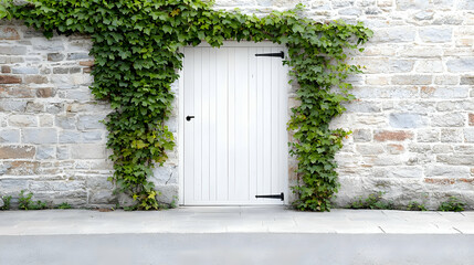 White door, stone wall, ivy, street, rustic
