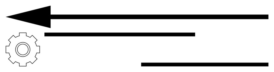 Obraz premium Black arrow pointing right, gearwheel, and horizontal lines symbolize direction, efficiency, innovation, forward movement. Ideal for technology, process flow, progress engineering leadership
