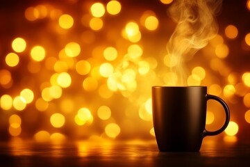 Fototapeta premium Cozy Coffee Cup with Steam Against a Warm Bokeh Background