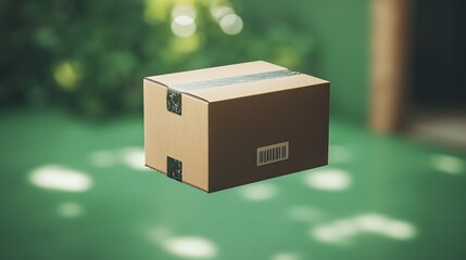 A lightweight 3D cardboard box with a shipping label symbol, floating on green 
