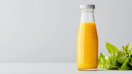 fresh homemade salad dressing in a bottle with lettuce