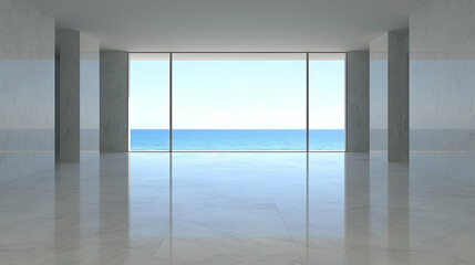 Modern ocean view room, empty interior, marble floor, bright sunlight