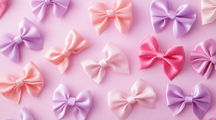 A soft pastel background with silky pink and lavender bows elegantly arranged in a scattered pattern.