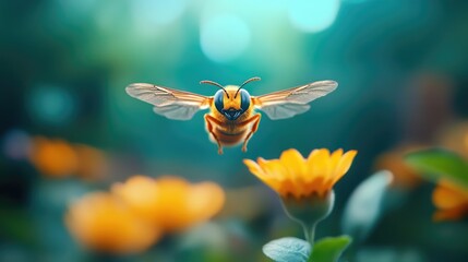 Fototapeta premium Bee approaching flower in garden, pollination, nature background, for environmental awareness