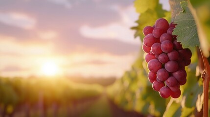 Serene Vineyard Landscape at Sunset with Ripe Grapes and Lush Green Vines