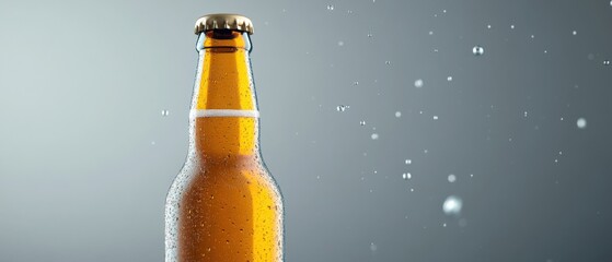 cold beer bottle with condensation and water droplets on a gray background