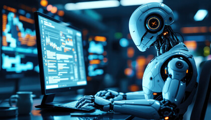 Futuristic Robot Analyst Working on Financial Data
