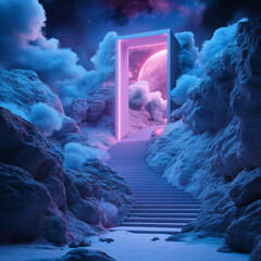 glowing portal amidst surreal clouds and stairs under cosmic sky