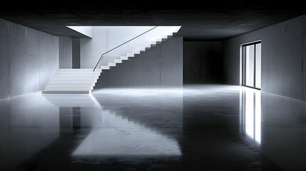 Obraz premium Modern concrete house interior, stairs, reflections, minimalist design, architecture visualization