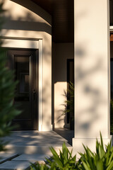Modern House Exterior: Elegant Design and Architecture. Sunlit Entrance with Contemporary Facade and Minimalist Details. Luxurious Home with Greenery
