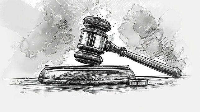 black an white sketch of hammer Law theme, gavel or mallet of the judge, Judges gavel hammer for adjudication of sentences and bills, with a wooden stand. Law and justice concept.