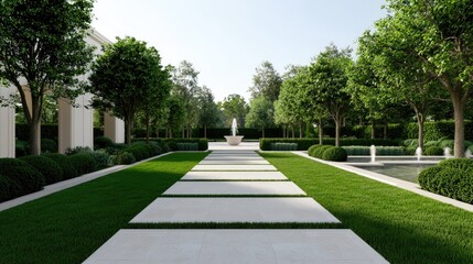 Serene Botanical Garden with Walking Paths and Vibrant Greenery Under Bright Sunny Sky