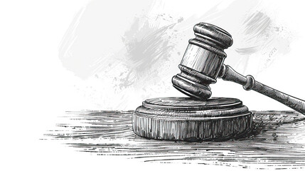 black an white sketch of hammer Law theme, gavel or mallet of the judge, Judges gavel hammer for adjudication of sentences and bills, with a wooden stand. Law and justice concept.